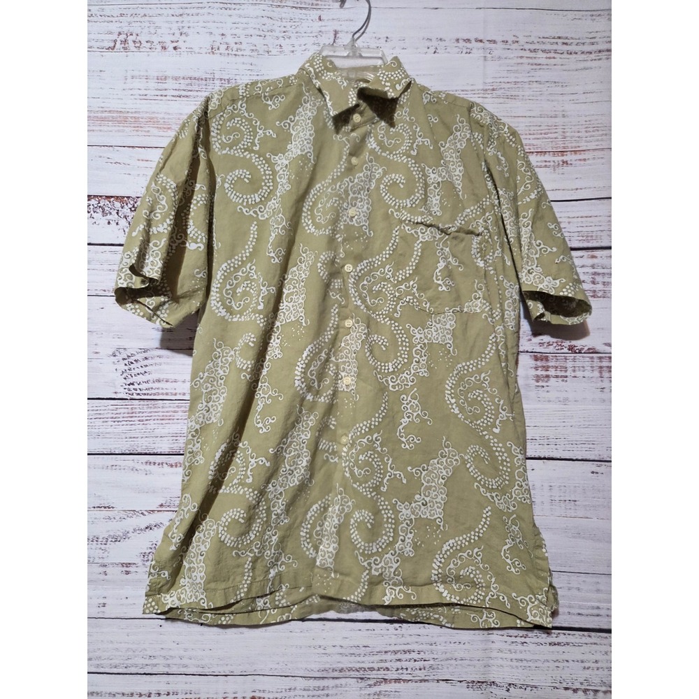 Grace Genuine Batik Shirt Mens Medium Green Hand Waxed Short Sleeve Button Down